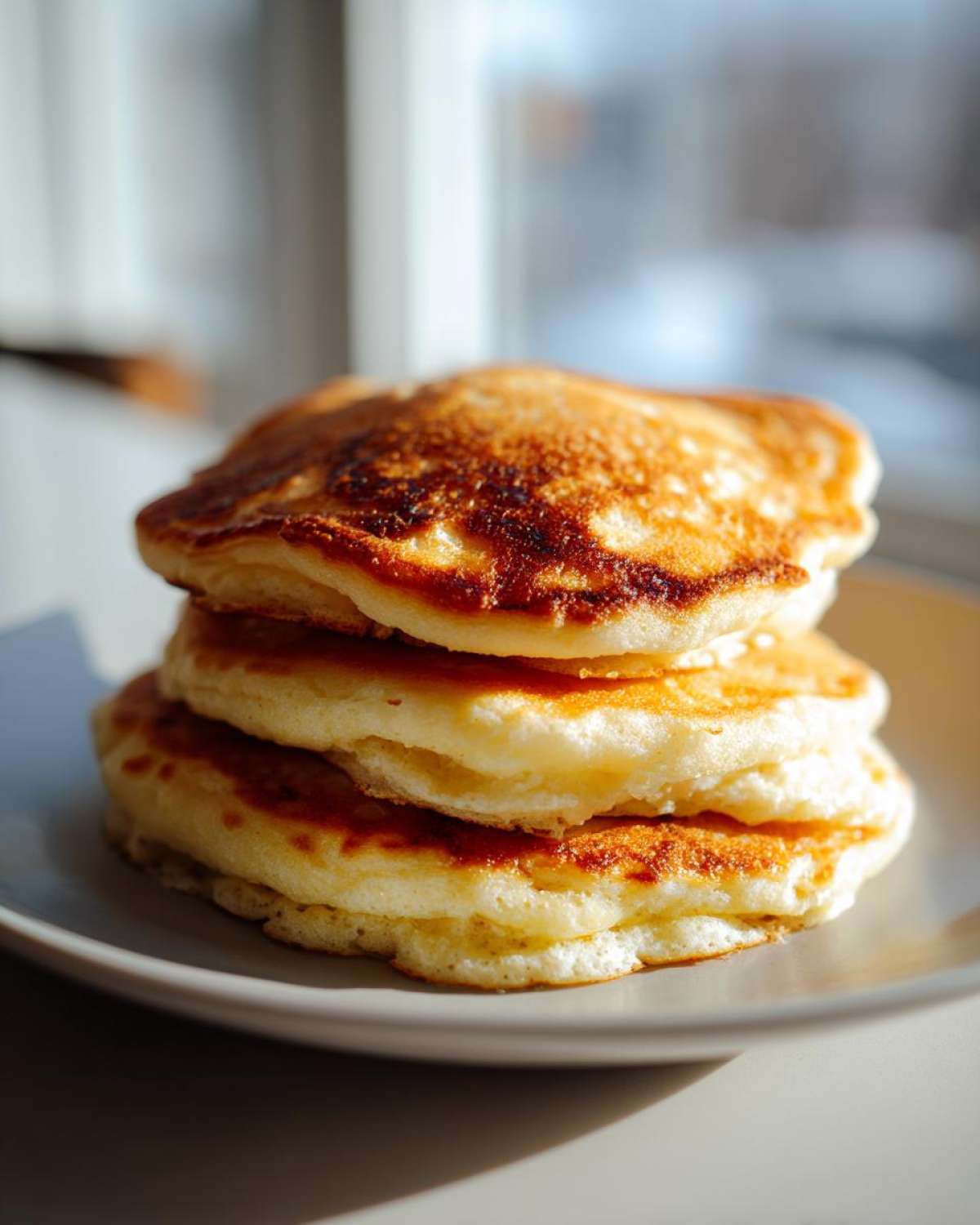 A stack of three golden-brown, thick, and fluffy pancakes sitting on a light gray plate near a window.