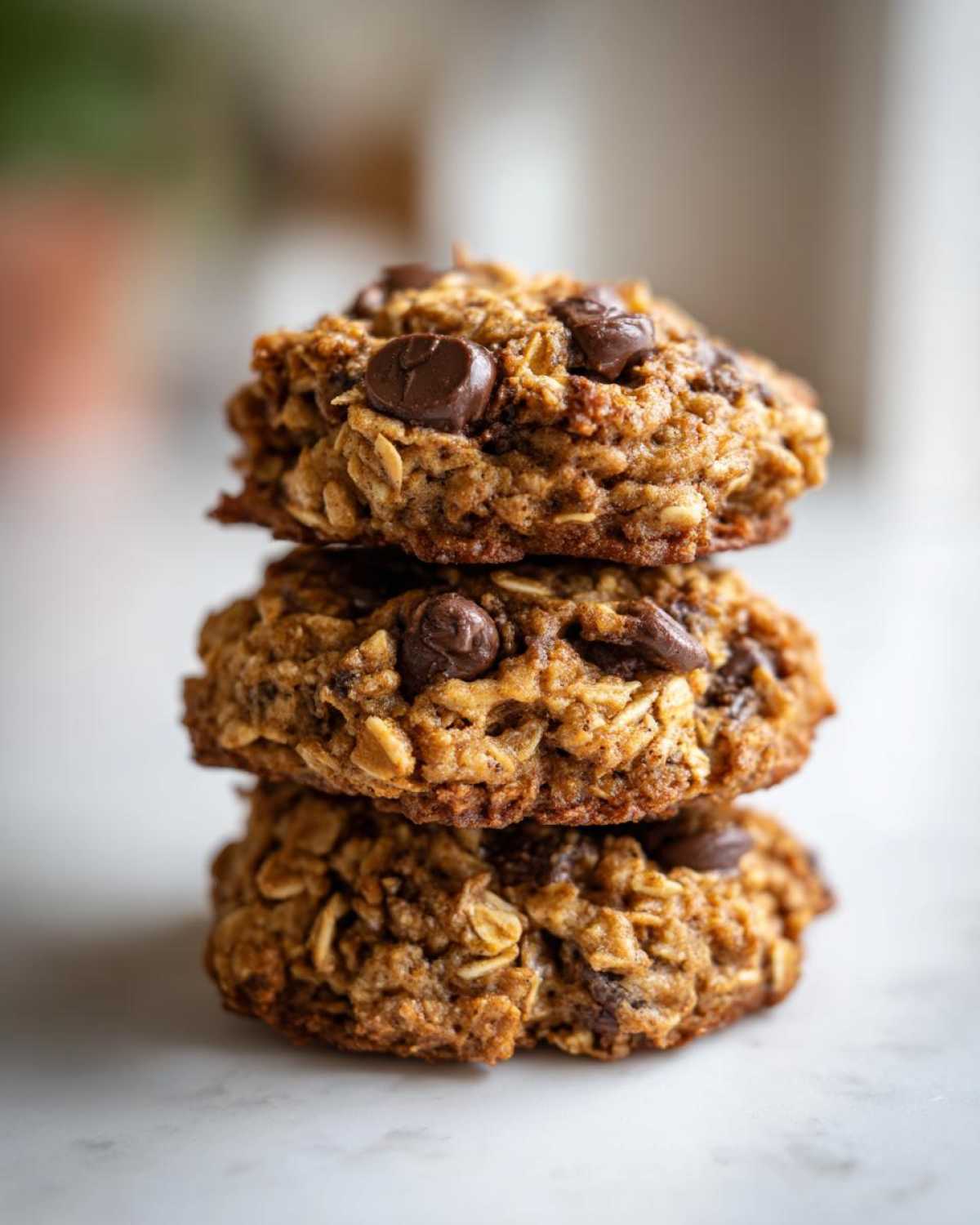 A vertical stack of three chewy chocolate chip oatmeal cookie treats on a light surface.
