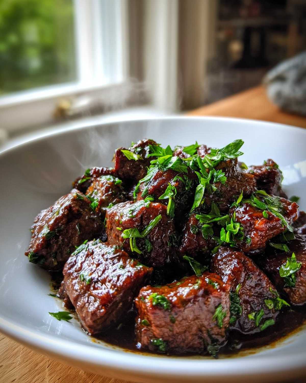Close-up of tender, dark brown crockpot steak bites coated in sauce and topped with fresh chopped parsley.