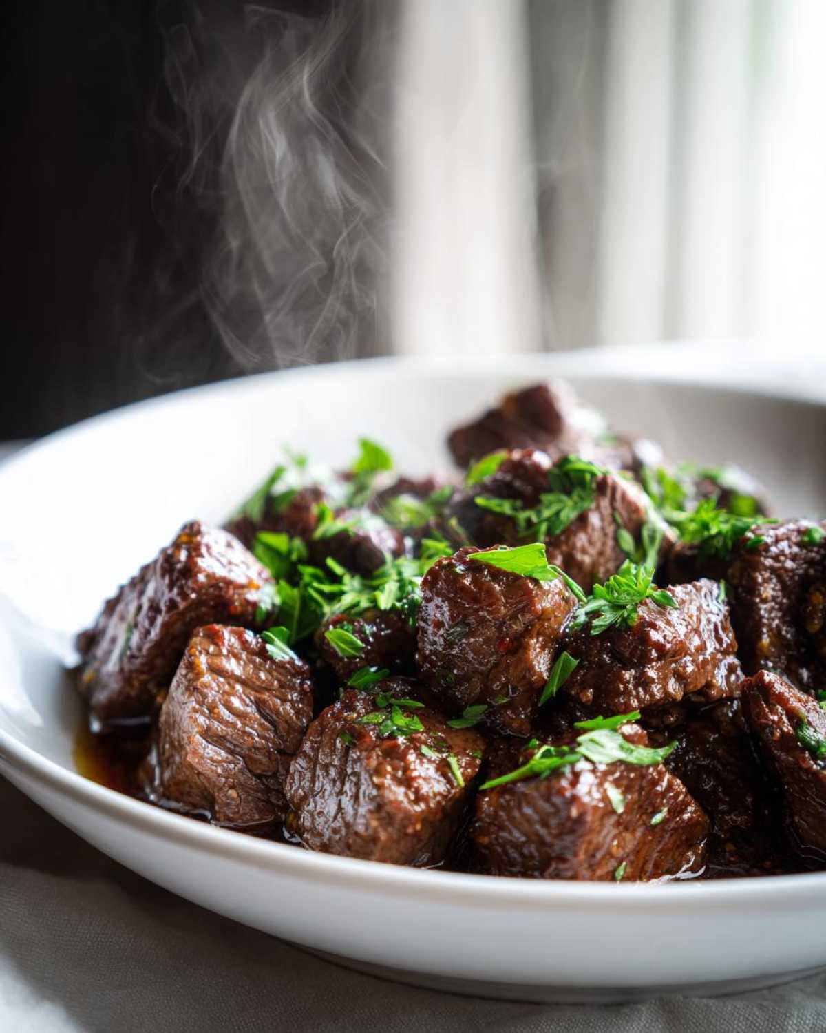 Close-up of tender, dark brown crockpot steak bites steaming in a white bowl, topped with fresh green parsley.