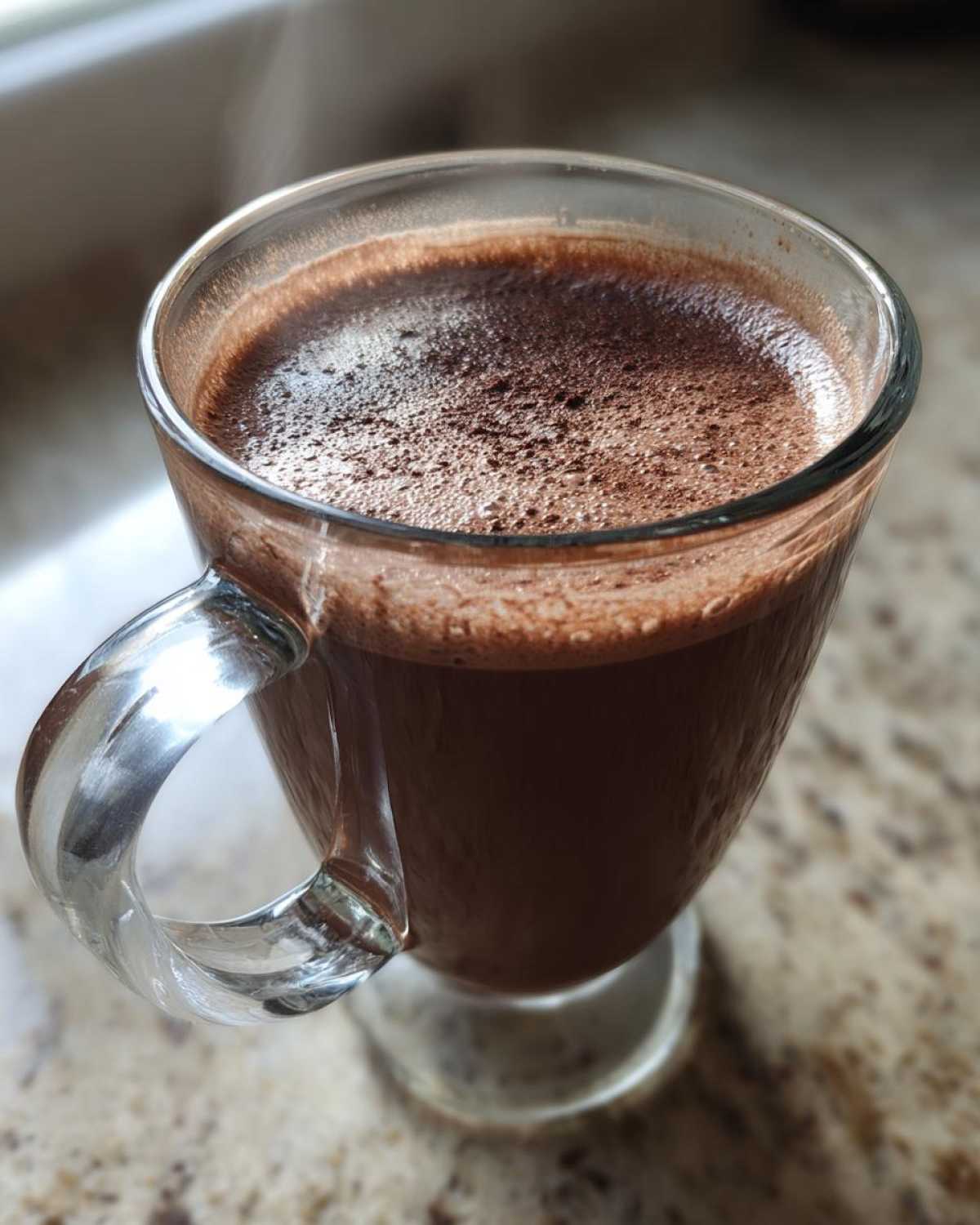 Close-up of a clear glass mug filled with rich, steaming hot cocoa mix topped with fine chocolate powder.