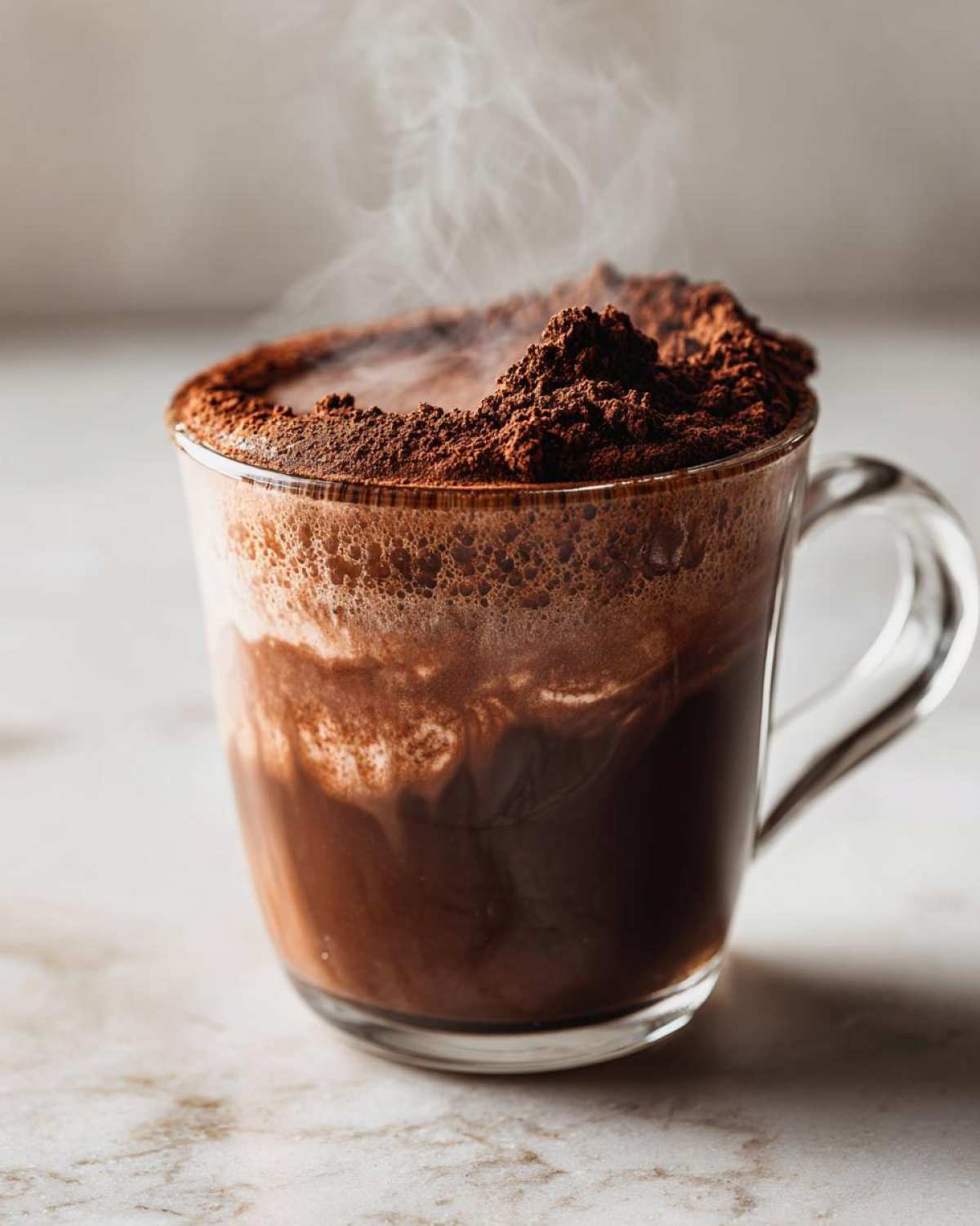 Close-up of a clear mug filled with dark liquid, topped with a mound of cocoa powder as steam rises, showing the rich hot cocoa mix.