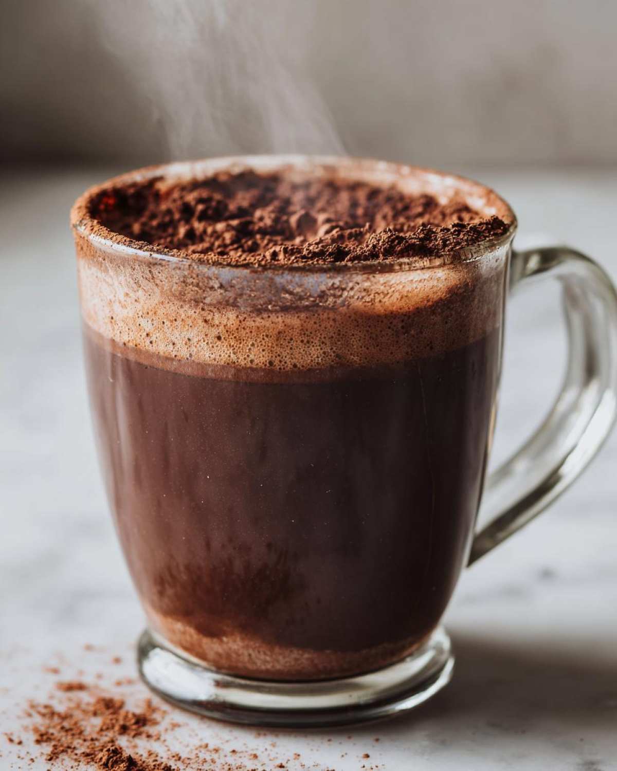 Close-up of a steaming glass mug filled with rich, dark hot cocoa mix topped with cocoa powder.