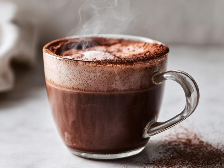 Close-up of a steaming glass mug filled with rich, dark hot cocoa mix, topped with foam and cocoa powder.