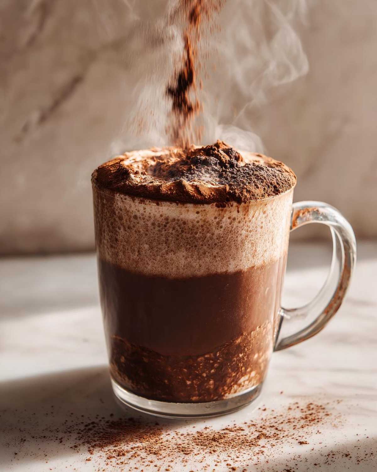 Close-up of a clear mug filled with hot cocoa, with cocoa powder being sprinkled on the frothy top, creating steam.