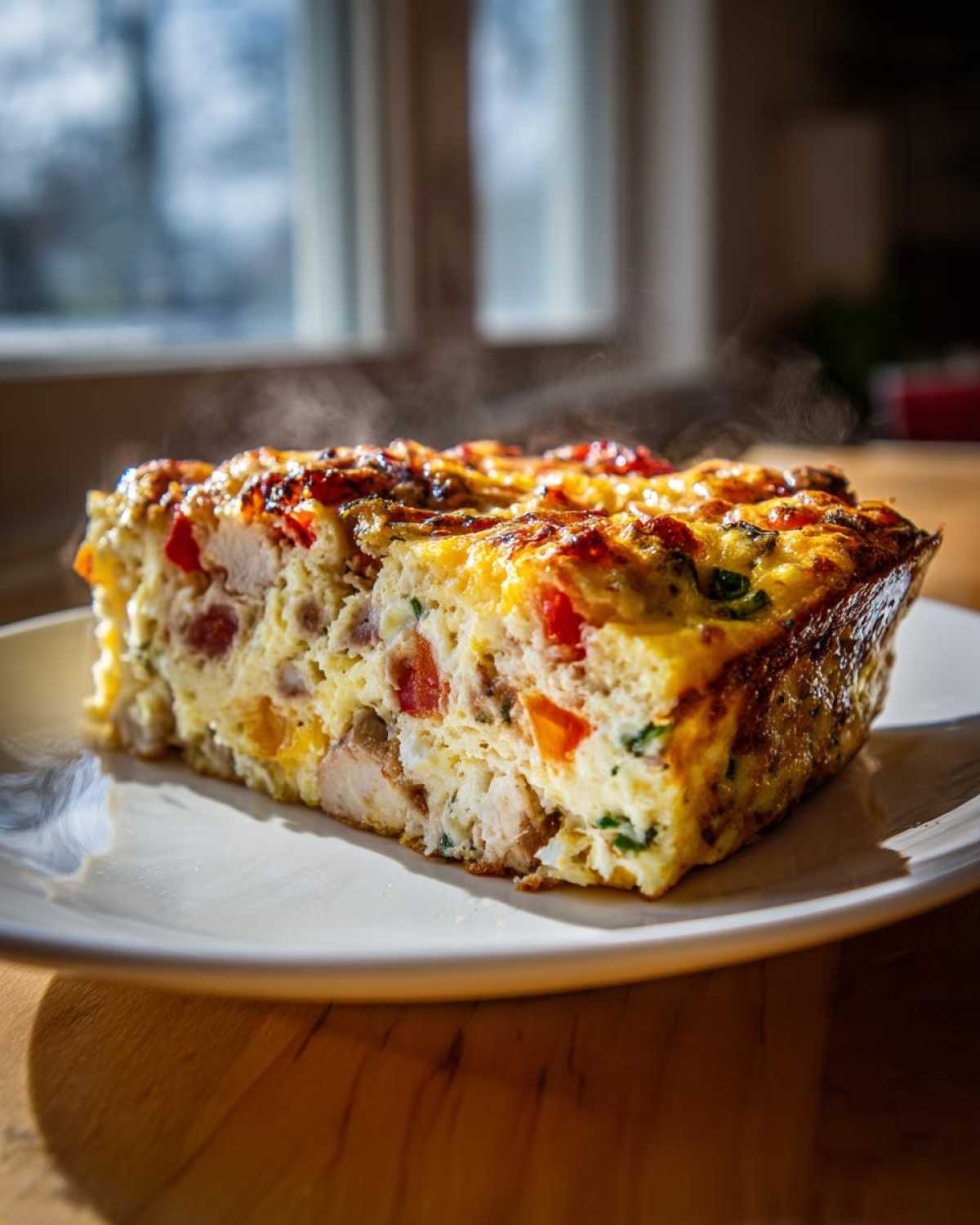 A thick, steaming slice of savory egg bake with visible chunks of chicken and red peppers on a white plate.