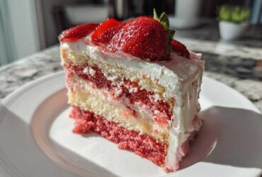 A close-up of a moist slice of strawberry cake layered with cream and topped with fresh strawberries.