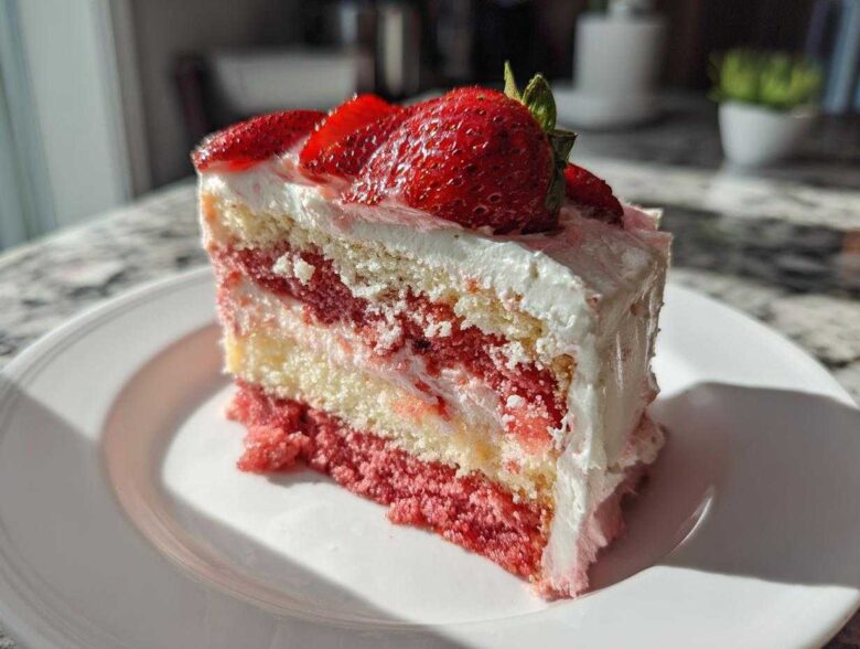 A close-up of a moist slice of strawberry cake layered with cream and topped with fresh strawberries.