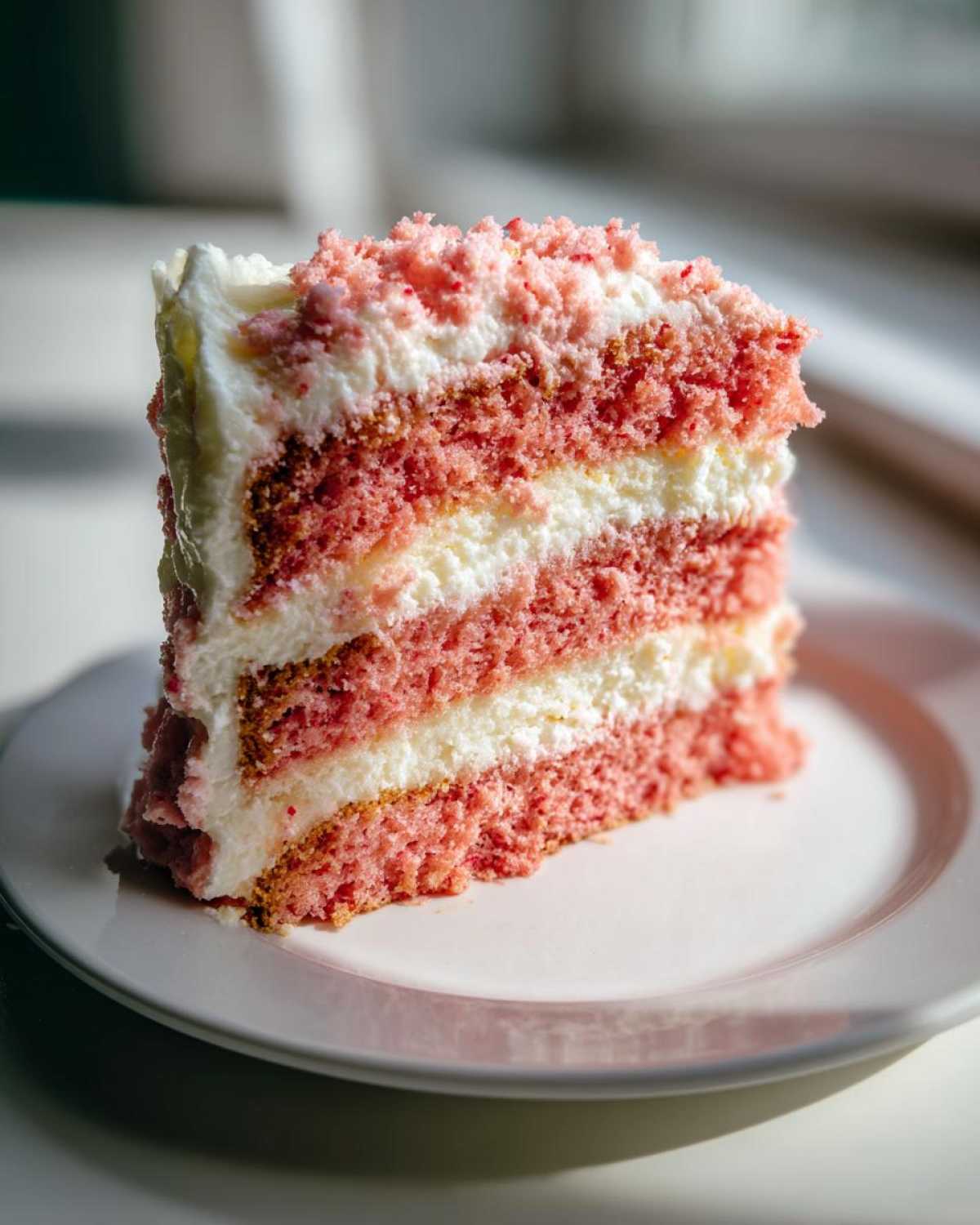 A tall slice of layered strawberry cake with white cream filling and pink crumbs on top, served on a white plate.