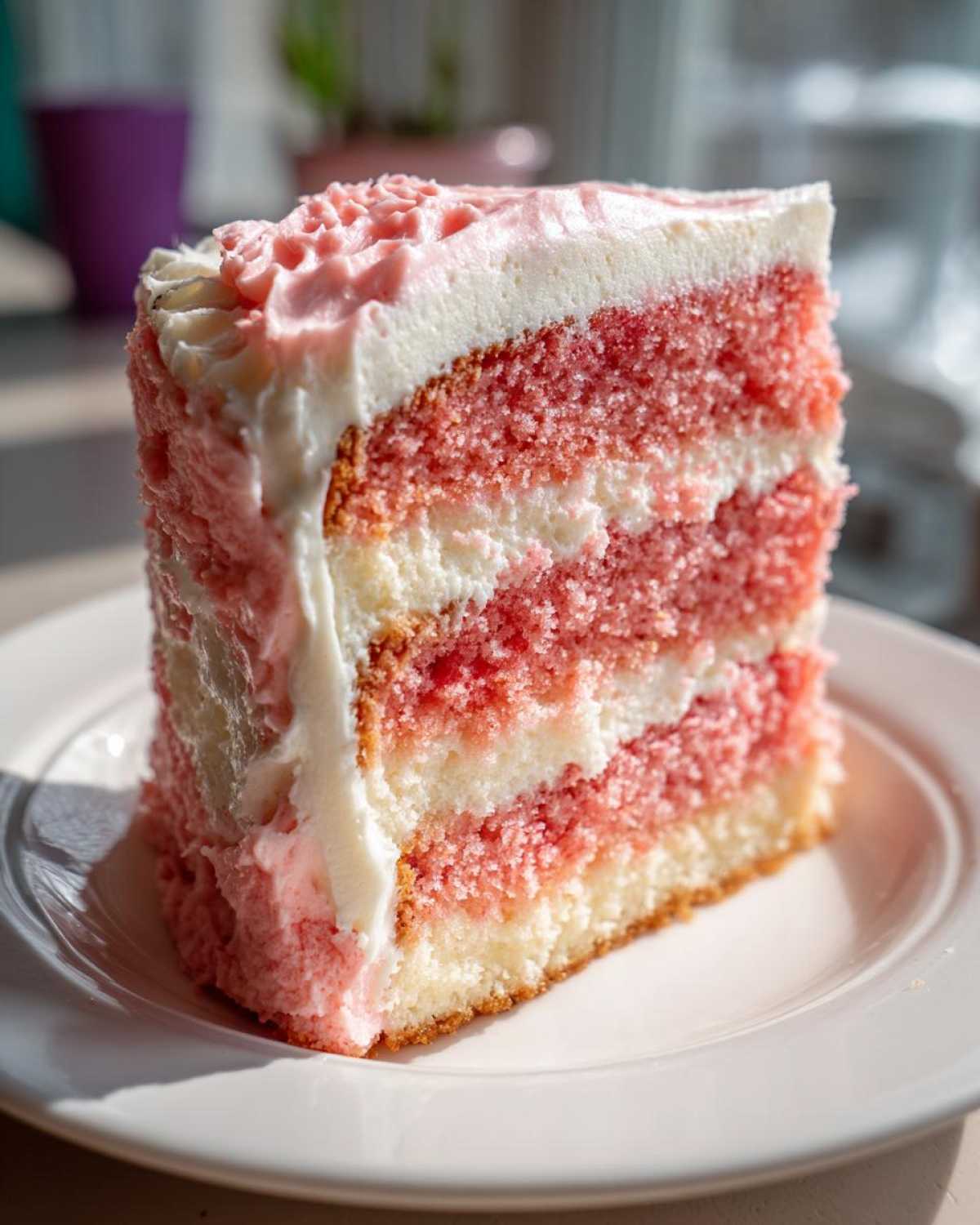 Close-up of a tall slice of strawberry cake with alternating pink and white layers and white frosting.
