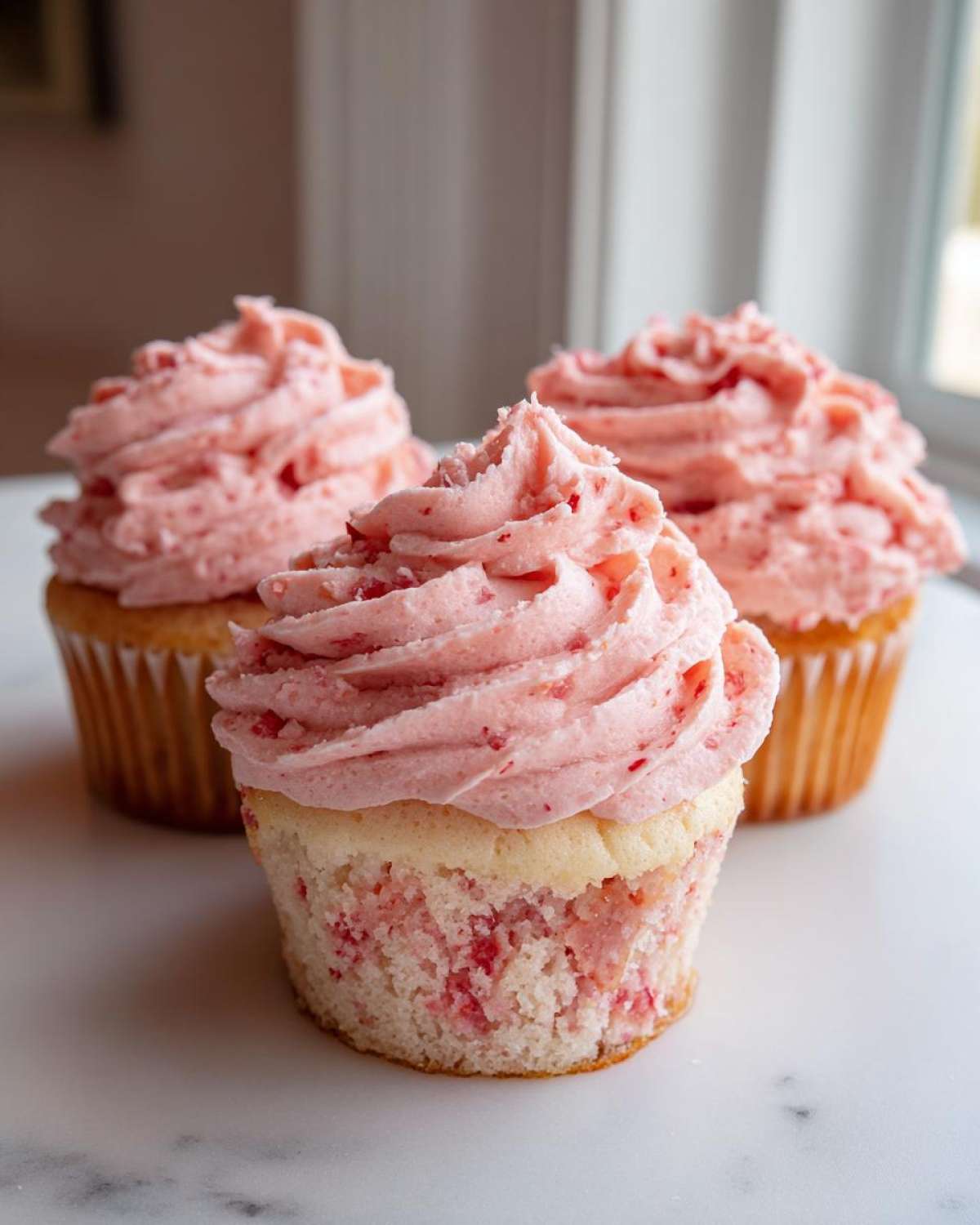 Three delicious strawberry cupcakes topped with generous swirls of pink strawberry frosting, showcasing the cake texture.