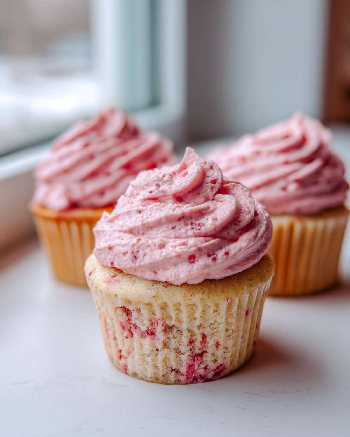 Close-up of a freshly baked strawberry cupcake with vibrant pink strawberry frosting, two others blurred in the background.