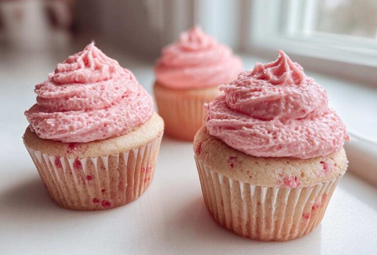 Two strawberry cupcakes with thick, swirled pink frosting sitting on a white surface in front of a bright window.