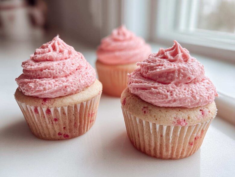 Two strawberry cupcakes with thick, swirled pink frosting sitting on a white surface in front of a bright window.