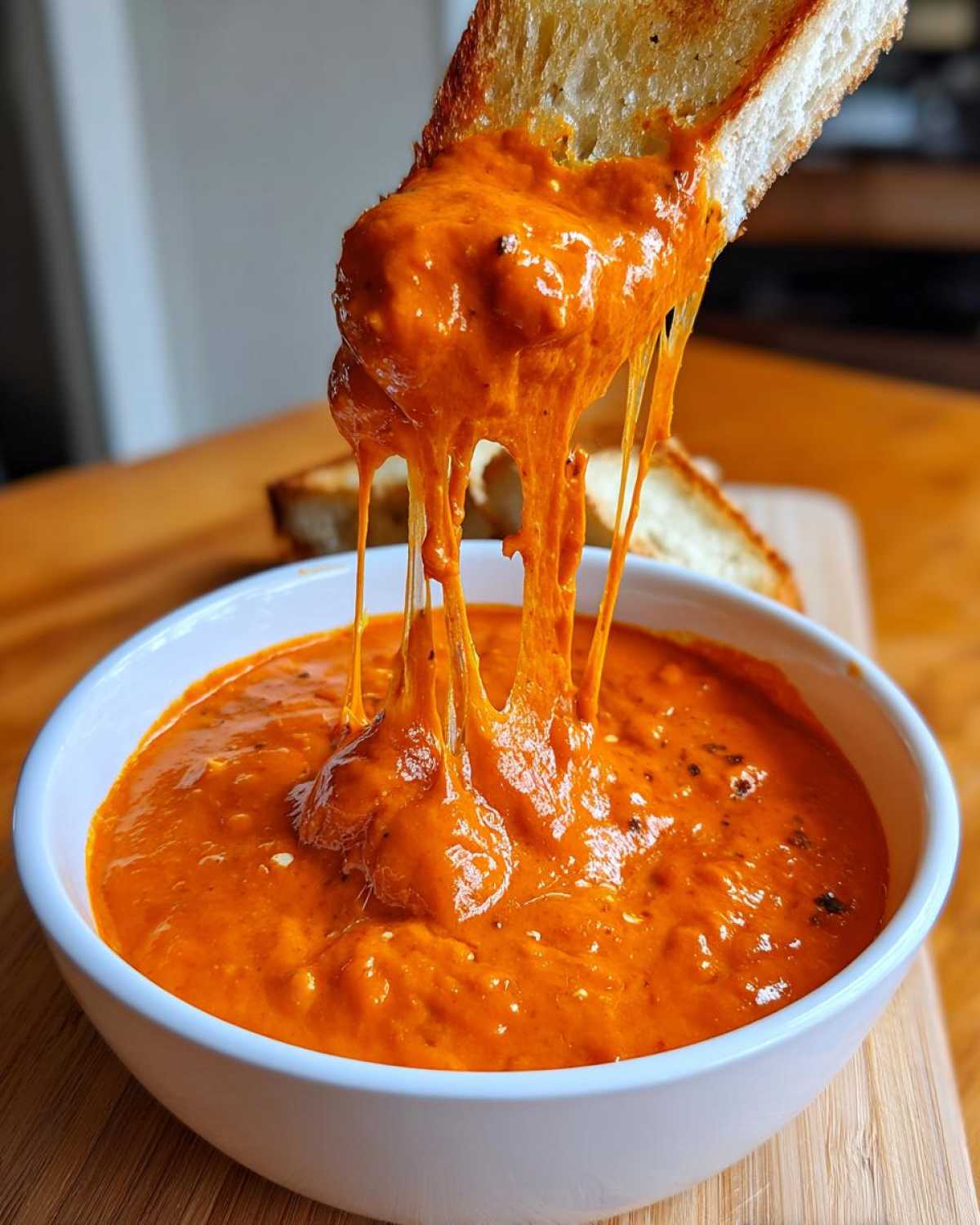 A piece of toasted bread is lifting a scoop of hot, orange chili cheese dip, showing long, irresistible cheese pulls.