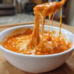 Close-up of a spoon lifting incredibly cheesy, stretchy chili cheese dip from a white bowl.