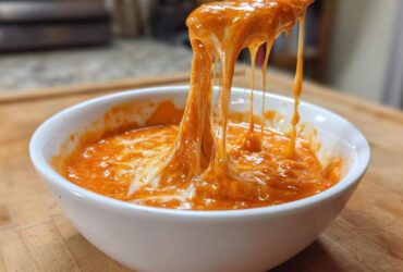 Close-up of a spoon lifting incredibly cheesy, stretchy chili cheese dip from a white bowl.