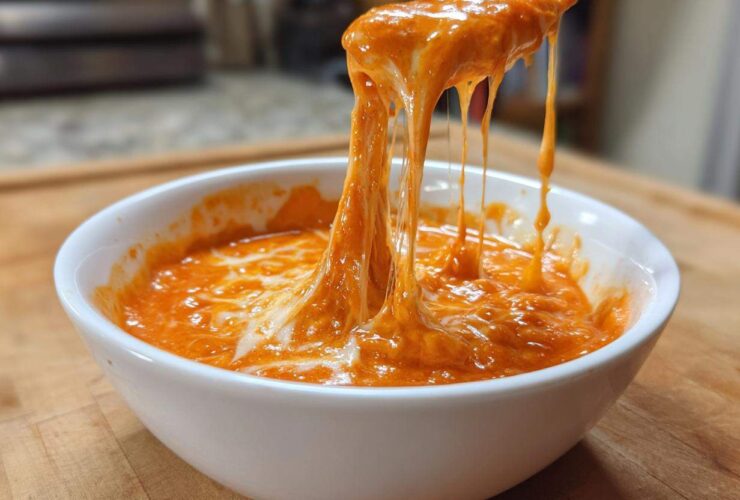 Close-up of a spoon lifting incredibly cheesy, stretchy chili cheese dip from a white bowl.