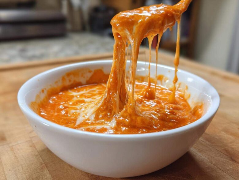 Close-up of a spoon lifting incredibly cheesy, stretchy chili cheese dip from a white bowl.