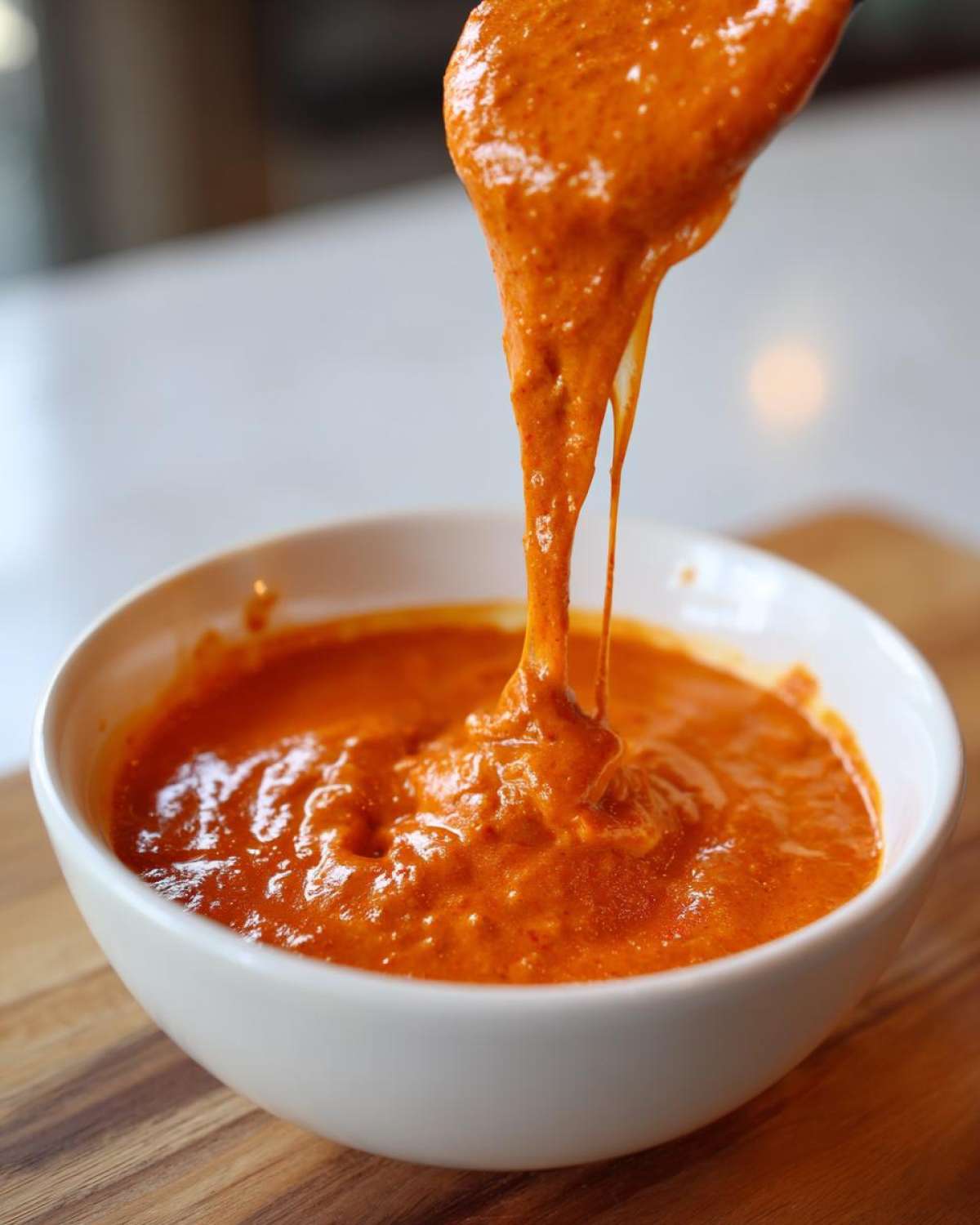 A spoonful of thick, orange chili cheese dip is lifted from a white bowl, showing its gooey, stretchy texture.