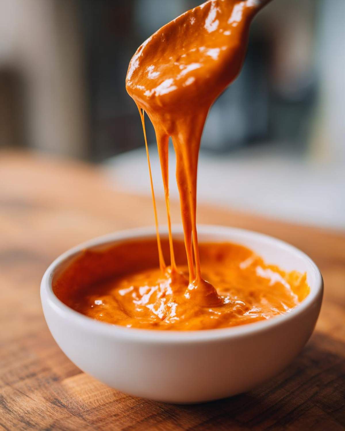 Close-up of thick, orange chili cheese dip stretching as it is lifted from a white bowl with a spoon.