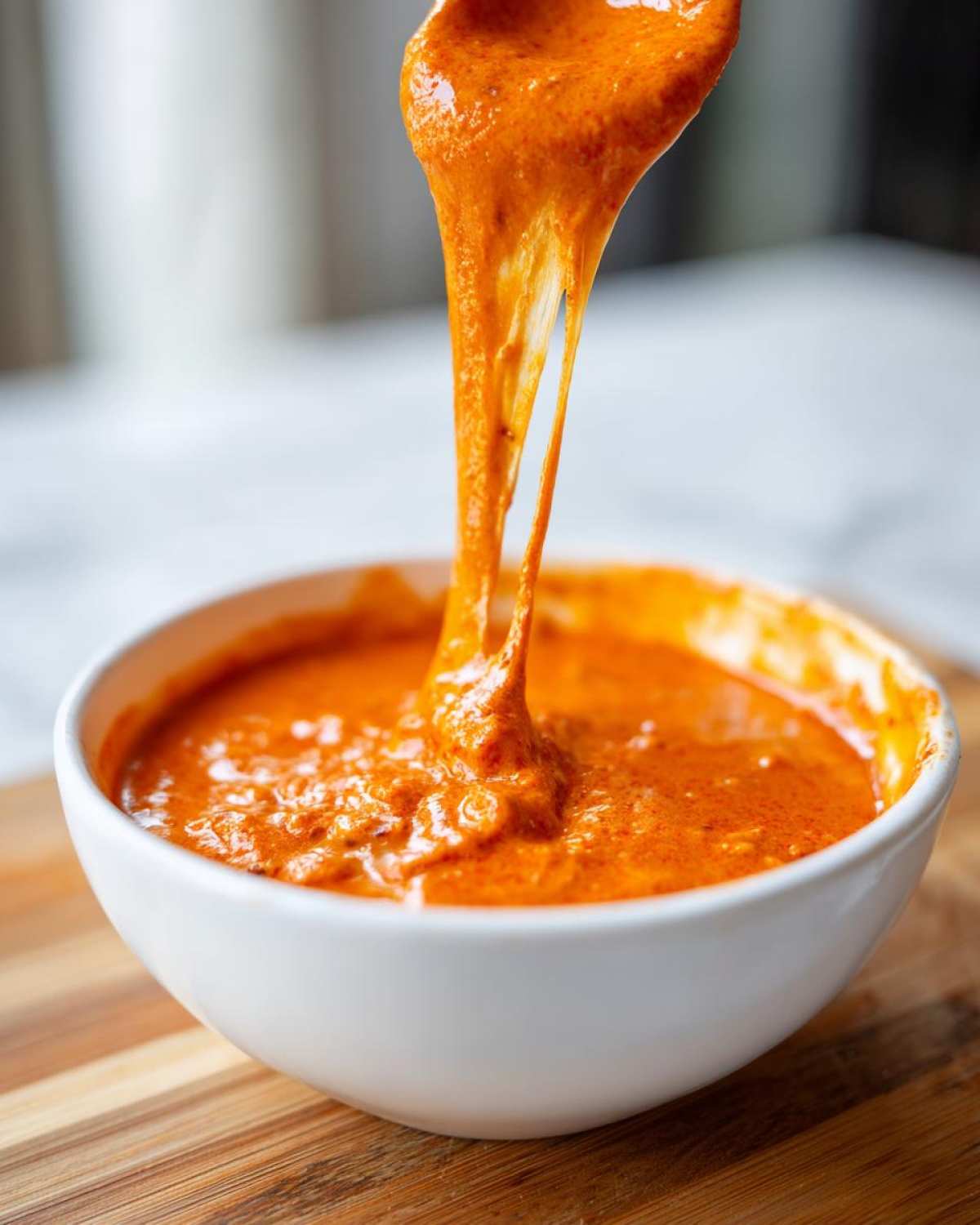 A spoonful of bright orange, melted chili cheese dip stretches dramatically over a white bowl.