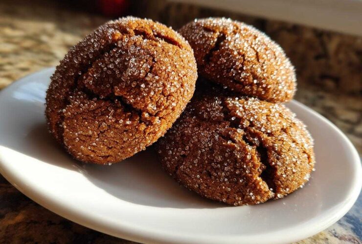 Three freshly baked gingersnap cookies, dark brown and crinkled, generously coated in sparkling white sugar, resting on a white plate.