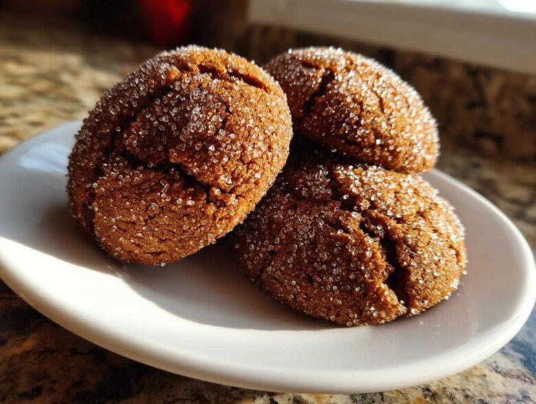 Three freshly baked gingersnap cookies, dark brown and crinkled, generously coated in sparkling white sugar, resting on a white plate.