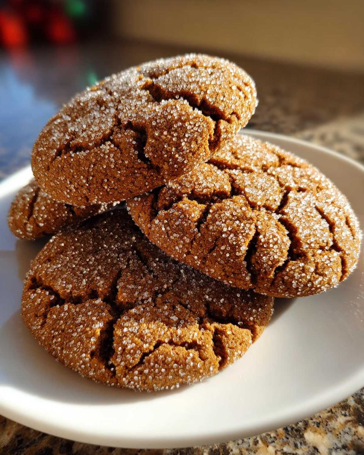 A close-up of three soft, crackled gingersnap cookies heavily coated in sparkling white sugar.