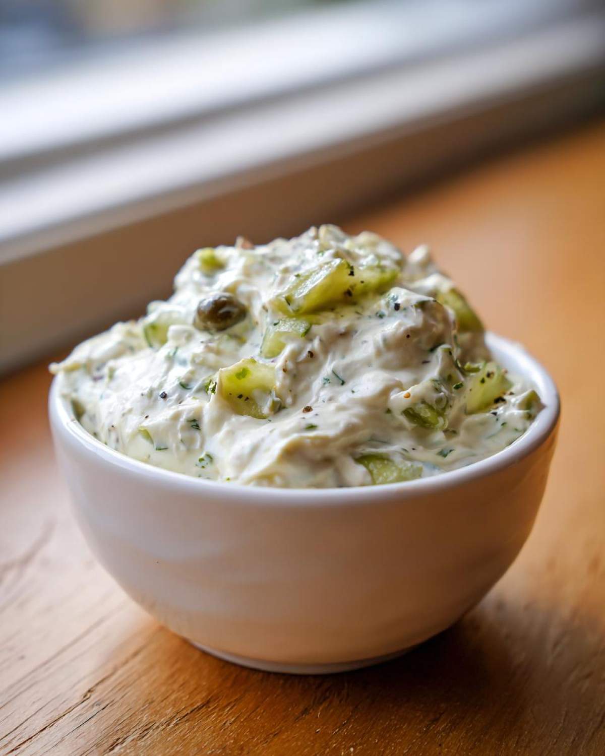 A close-up of creamy homemade tartar sauce recipe with visible relish and capers in a small white bowl.