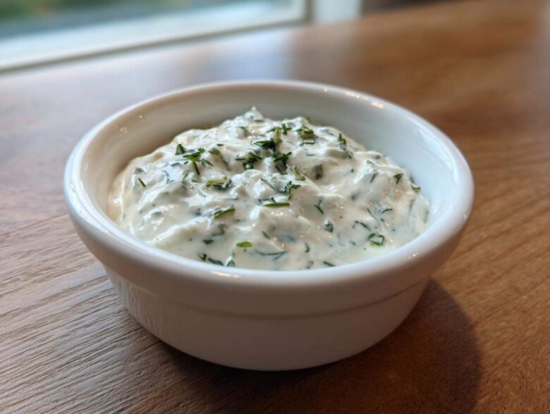 Close-up of creamy homemade tartar sauce recipe topped with fresh chopped herbs in a small white bowl.