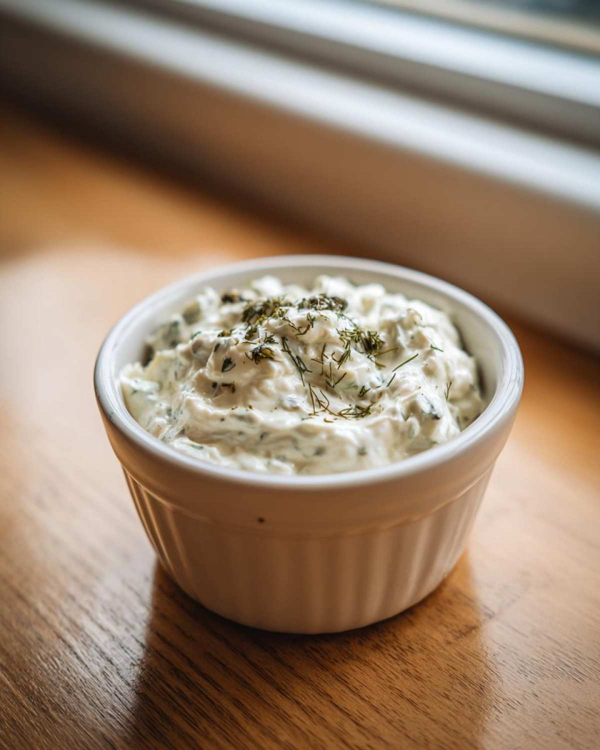 Close-up of creamy homemade tartar sauce recipe garnished with fresh dill in a small white bowl.