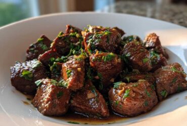 A white bowl filled with tender, saucy crockpot steak bites topped generously with fresh chopped parsley.