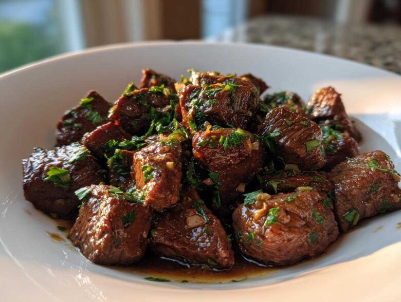 A white bowl filled with tender, saucy crockpot steak bites topped generously with fresh chopped parsley.