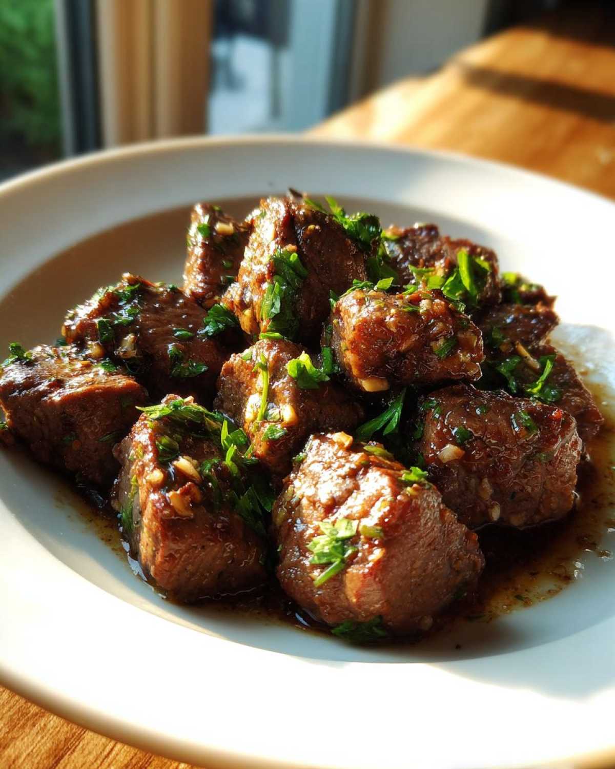 Close-up of tender crockpot steak bites coated in sauce and topped with fresh chopped parsley.