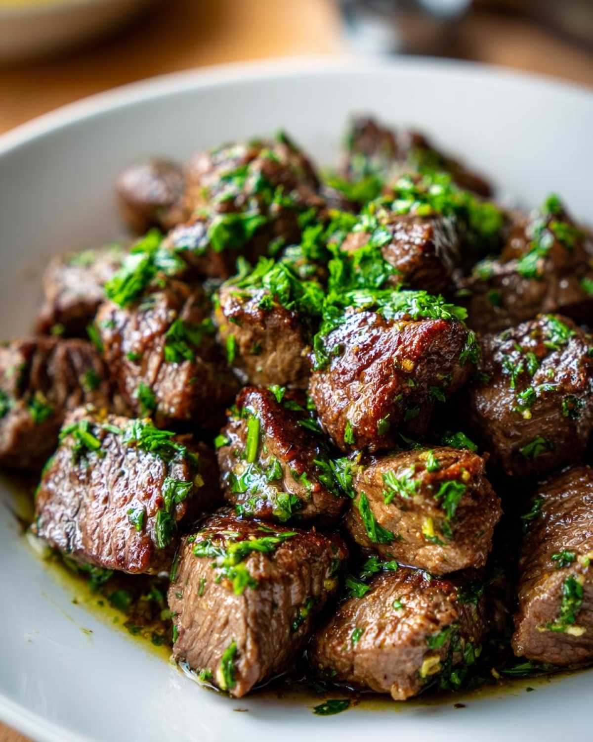 Close-up of tender crockpot steak bites served in a white bowl, glistening with sauce and topped generously with fresh chopped parsley.