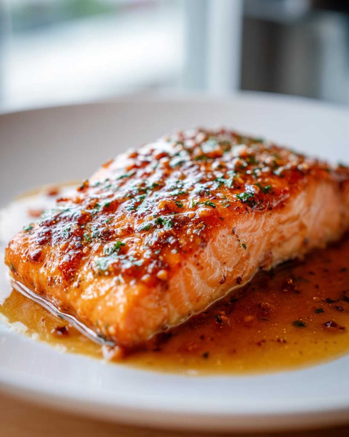 Close-up of a perfectly cooked salmon fillet glazed with a rich, brown sauce and herbs.
