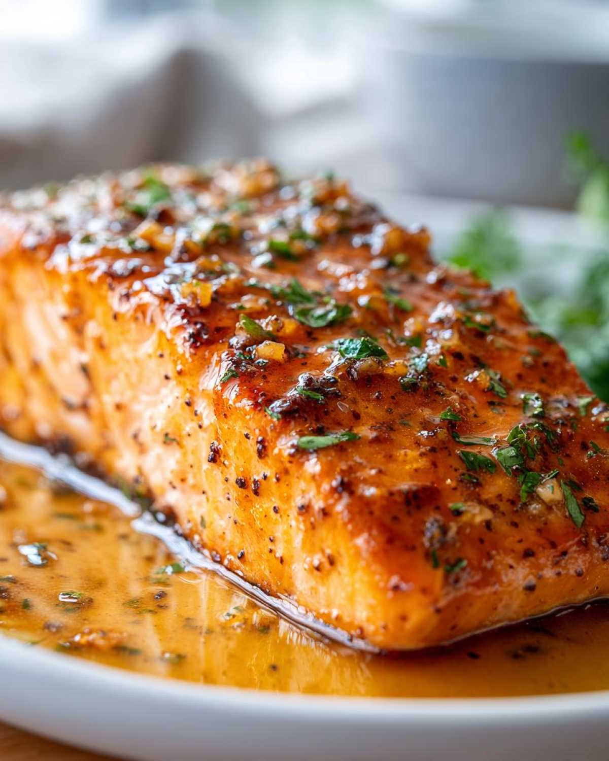 Close-up of a perfectly cooked, glazed salmon fillet topped with herbs and sitting in a savory sauce.
