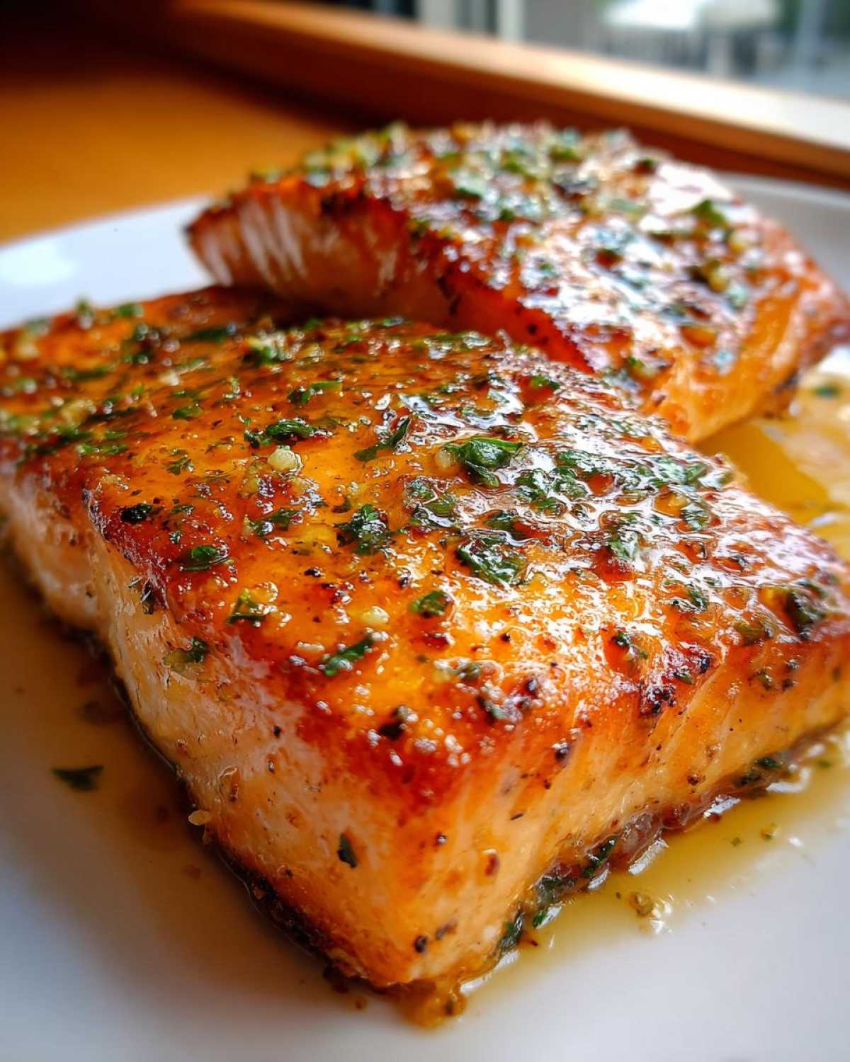 Close-up of two perfectly cooked, glazed salmon fillets topped with herbs, ready to serve.