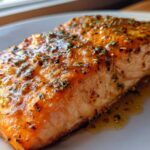 Close-up of a perfectly cooked, glazed salmon fillet topped with herbs and spices, ready to eat.