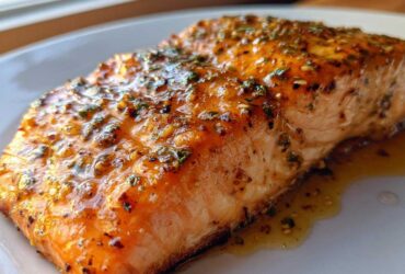 Close-up of a perfectly cooked, glazed salmon fillet topped with herbs and spices, ready to eat.