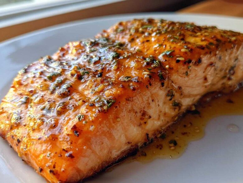 Close-up of a perfectly cooked, glazed salmon fillet topped with herbs and spices, ready to eat.