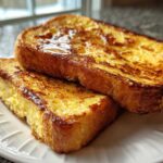 Two thick slices of golden brown french toast stacked on a white plate, drizzled with syrup.