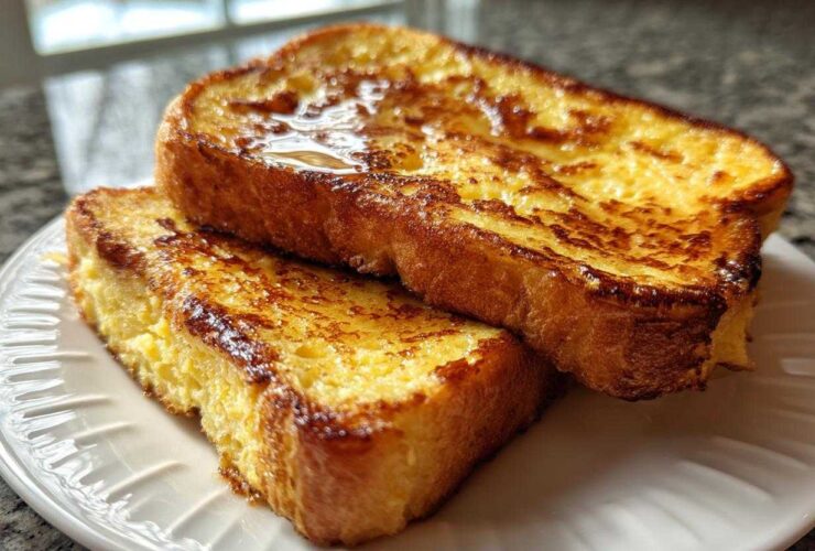 Two thick slices of golden brown french toast stacked on a white plate, drizzled with syrup.