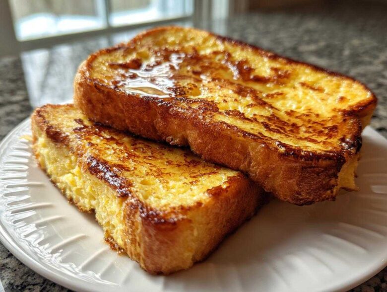 Two thick slices of golden brown french toast stacked on a white plate, drizzled with syrup.