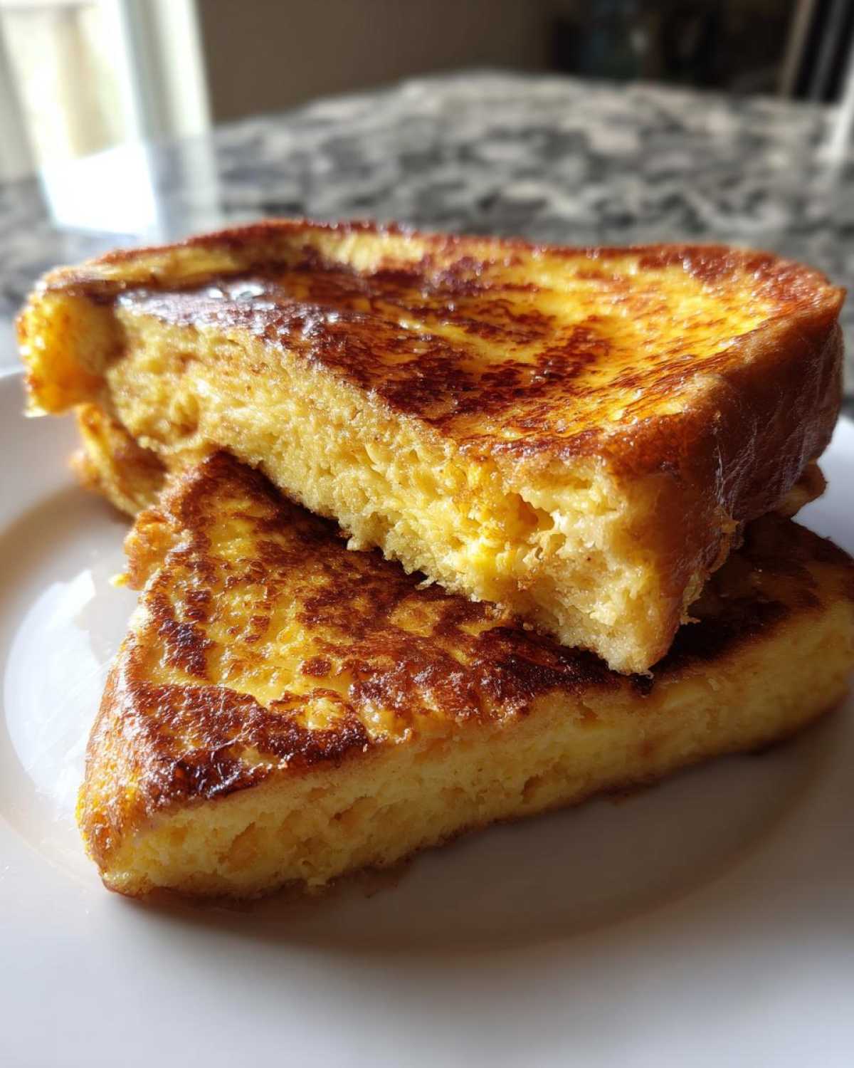 Close-up of two thick slices of perfectly cooked, golden brown french toast stacked on a white plate.
