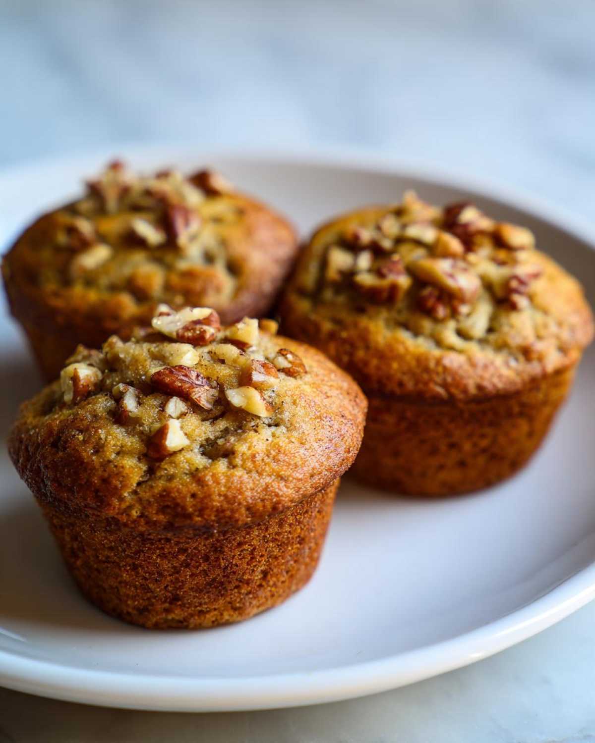 Three freshly baked banana nut muffins with a golden-brown top sprinkled generously with chopped pecans, resting on a white plate.