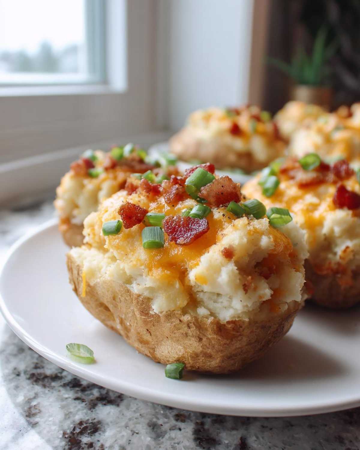 Close-up of a delicious twice baked potato stuffed with mashed potato, topped with melted cheddar cheese, bacon bits, and green onions.