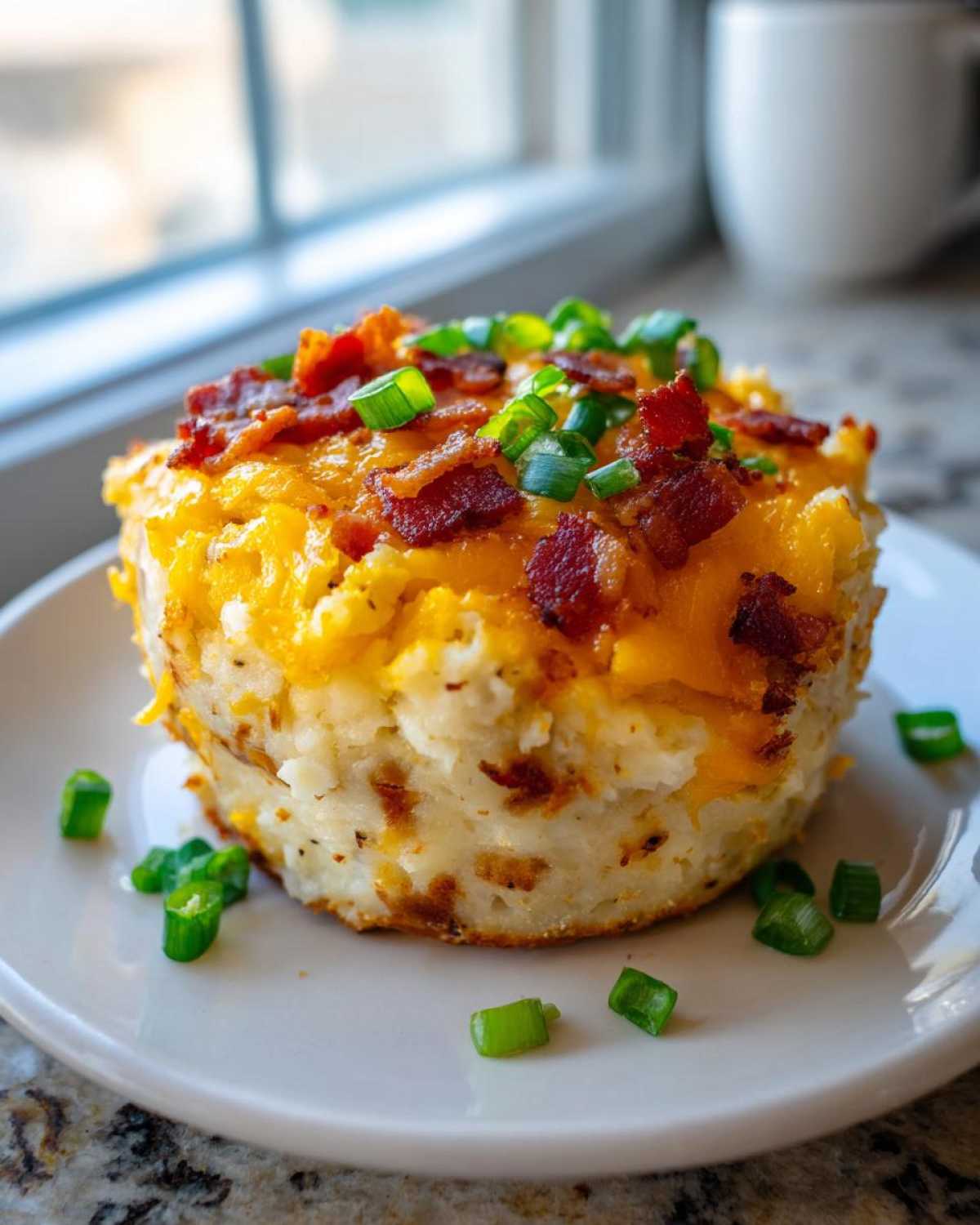 A single serving of twice baked potato casserole topped with melted cheddar cheese, bacon bits, and green onions.