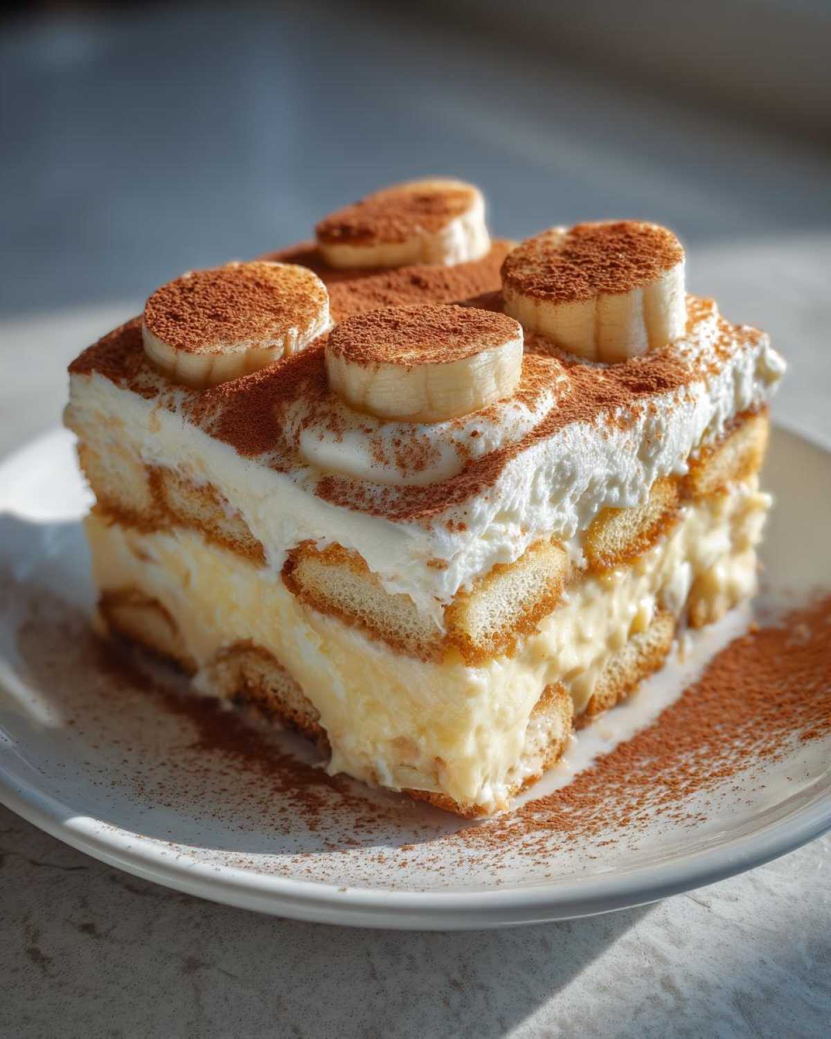 A rich, layered slice of banana pudding dessert topped with whipped cream, cocoa powder, and banana slices.